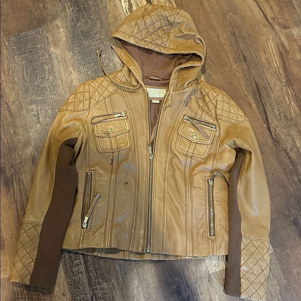 Micheal Kors Brown Leather Hooded Jacket